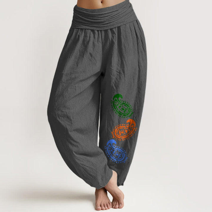 Buddha Stones Czysta bawełna, kolorowe, paisleyowe spodnie damskie typu harem z wysokim stanem - DimGray - US16, UK/AU20, EU48 (3XL) - image 11