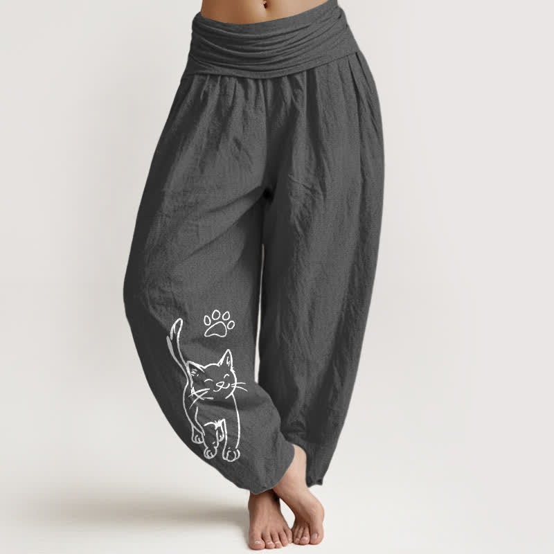 Buddha Stones Spodnie damskie harem z elastyczną talią i nadrukiem w urocze koty z czystej bawełny - DimGray - US16, UK/AU20, EU48 (3XL) - image 0