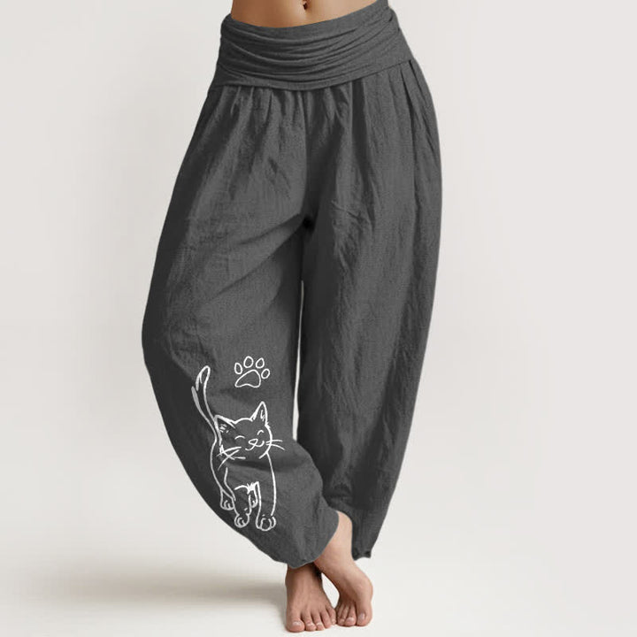 Buddha Stones Spodnie damskie harem z elastyczną talią i nadrukiem w urocze koty z czystej bawełny - DimGray - US16, UK/AU20, EU48 (3XL) - image 0