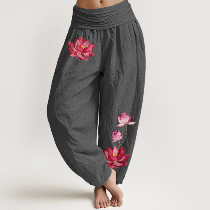 Buddha Stones Spodnie damskie haremowe z nadrukiem różowego lotosu, z wysoką elastyczną talią i czystą bawełną - DimGray - US16, UK/AU20, EU48 (3XL) - image 8