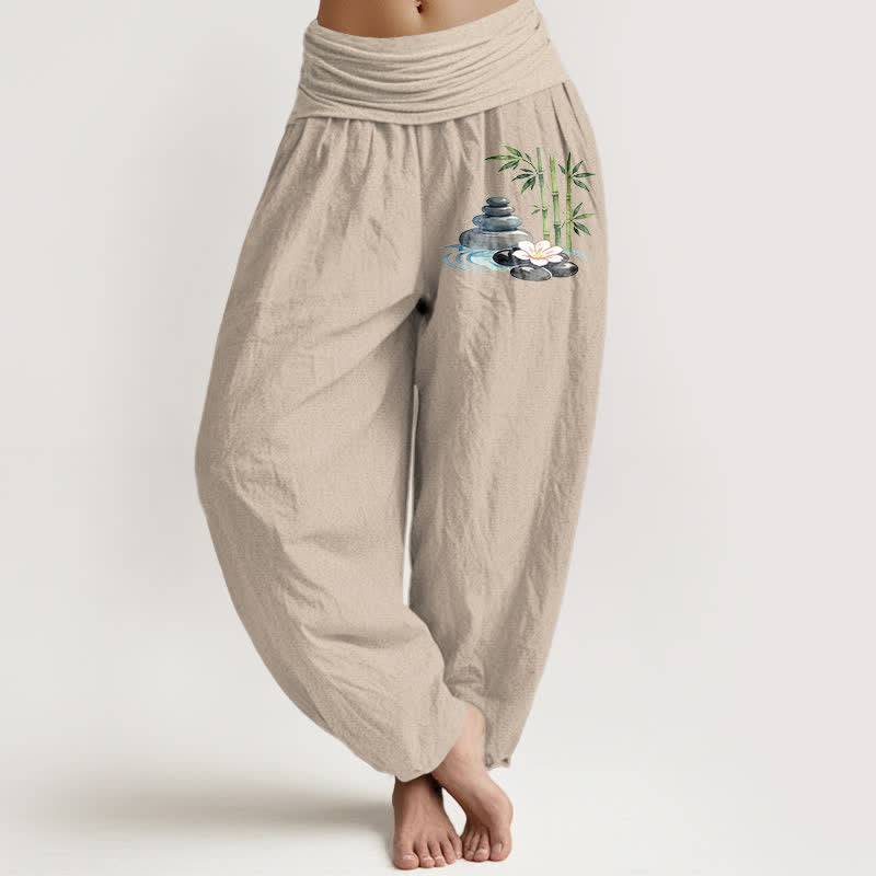 Buddha Stones Spodnie damskie haremowe z wysokim stanem i motywem kwiatów bambusa z czystej bawełny - Dębnik - US16, UK/AU20, EU48 (3XL) - image 0