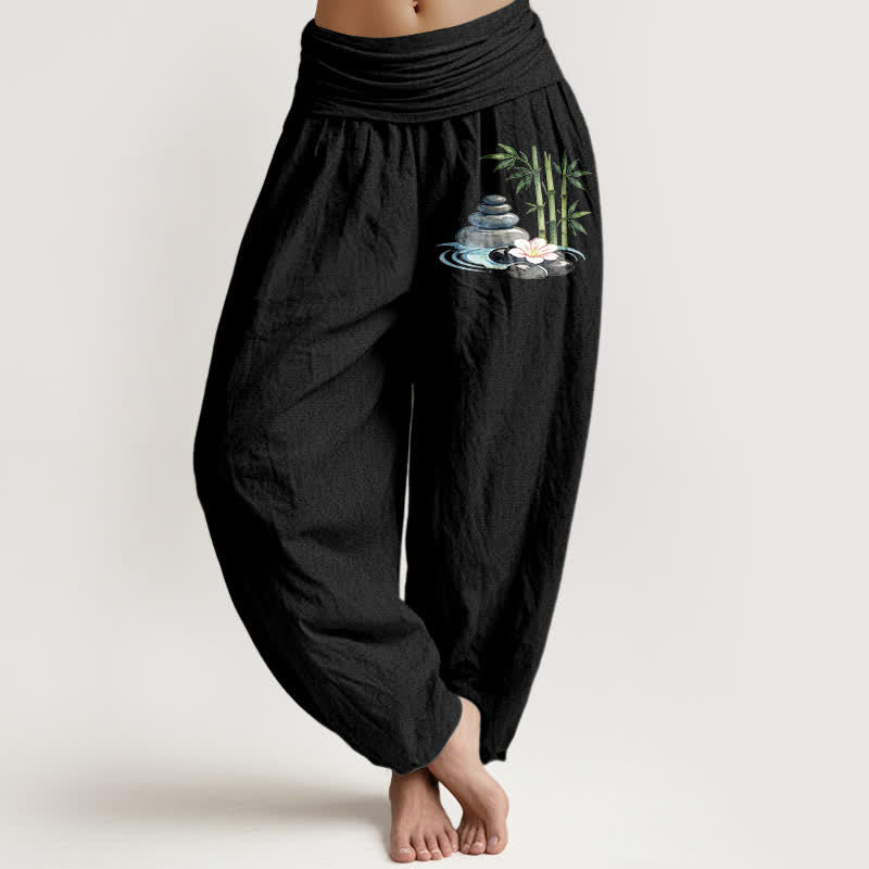 Buddha Stones Spodnie damskie haremowe z wysokim stanem i motywem kwiatów bambusa z czystej bawełny - Czarny - US16, UK/AU20, EU48 (3XL) - image 5