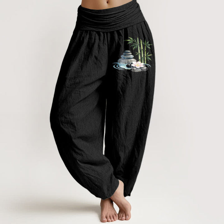 Buddha Stones Spodnie damskie haremowe z wysokim stanem i motywem kwiatów bambusa z czystej bawełny - Czarny - US16, UK/AU20, EU48 (3XL) - image 5