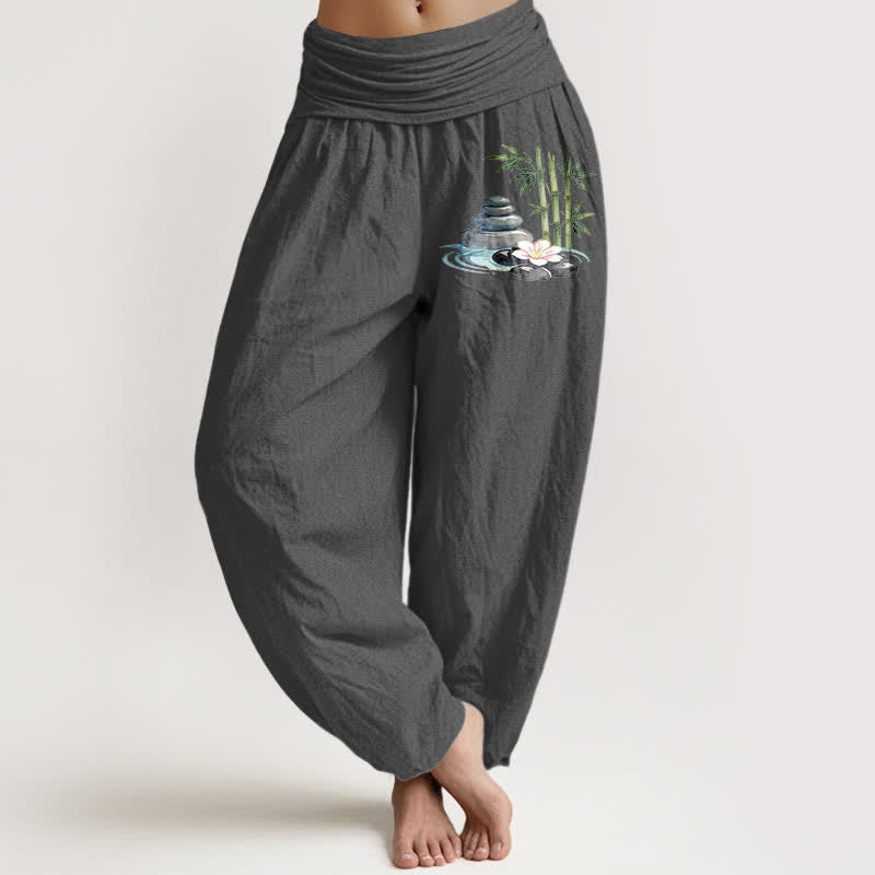 Buddha Stones Spodnie damskie haremowe z wysokim stanem i motywem kwiatów bambusa z czystej bawełny - DimGray - US16, UK/AU20, EU48 (3XL) - image 11