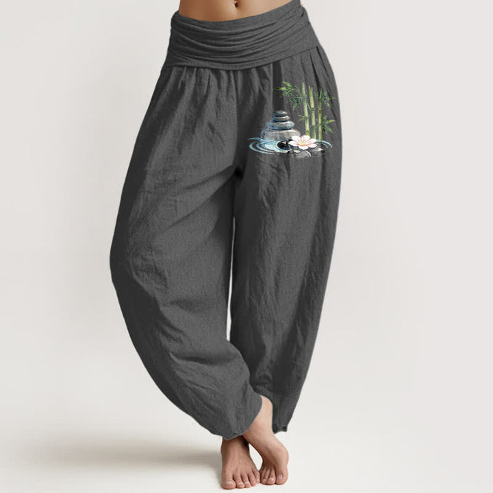 Buddha Stones Spodnie damskie haremowe z wysokim stanem i motywem kwiatów bambusa z czystej bawełny - DimGray - US16, UK/AU20, EU48 (3XL) - image 11
