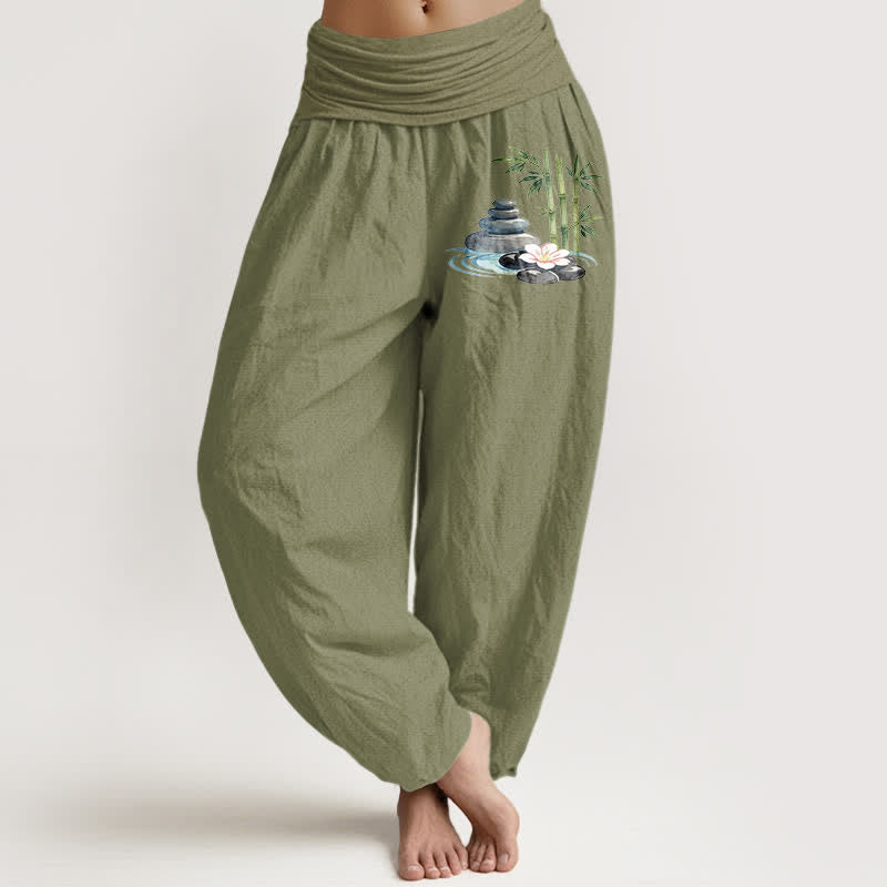 Buddha Stones Spodnie damskie haremowe z wysokim stanem i motywem kwiatów bambusa z czystej bawełny - Oliwkowy - US16, UK/AU20, EU48 (3XL) - image 14
