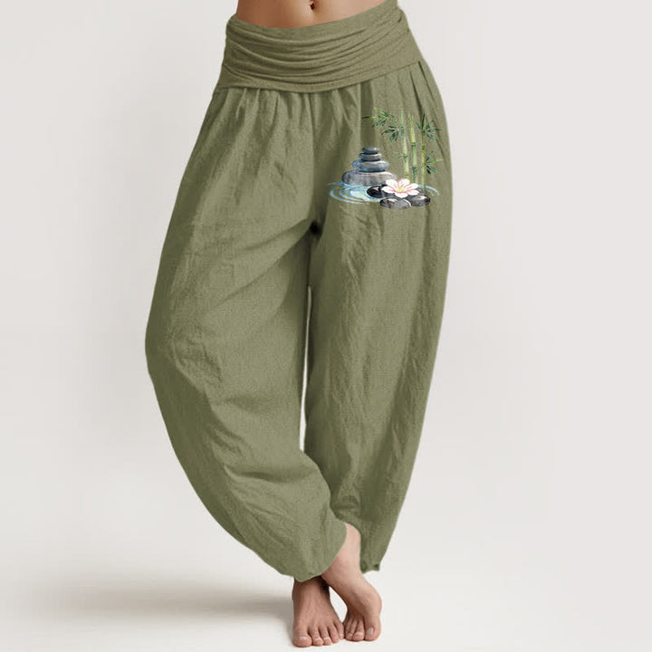 Buddha Stones Spodnie damskie haremowe z wysokim stanem i motywem kwiatów bambusa z czystej bawełny - Oliwkowy - US16, UK/AU20, EU48 (3XL) - image 14
