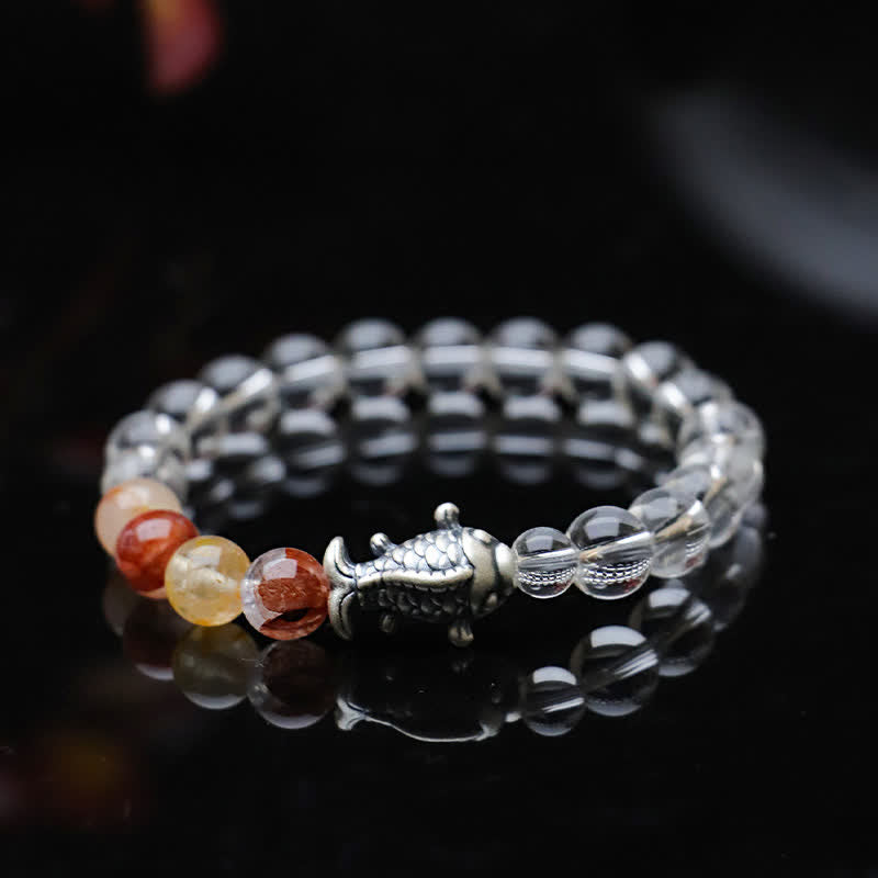 Buddha Stones Bransoletka ochronna z kwarcu czystego 999 ze srebra próby 999 w kształcie ryby Koi - image 3