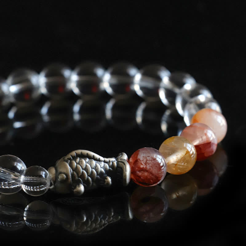 Buddha Stones Bransoletka ochronna z kwarcu czystego 999 ze srebra próby 999 w kształcie ryby Koi - image 9