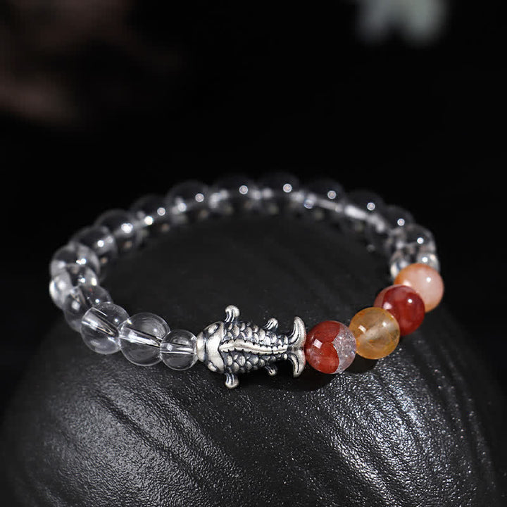 Buddha Stones Bransoletka ochronna z kwarcu czystego 999 ze srebra próby 999 w kształcie ryby Koi - Kwarc przezroczysty (obwód nadgarstka: 15–16 cm) - image 0