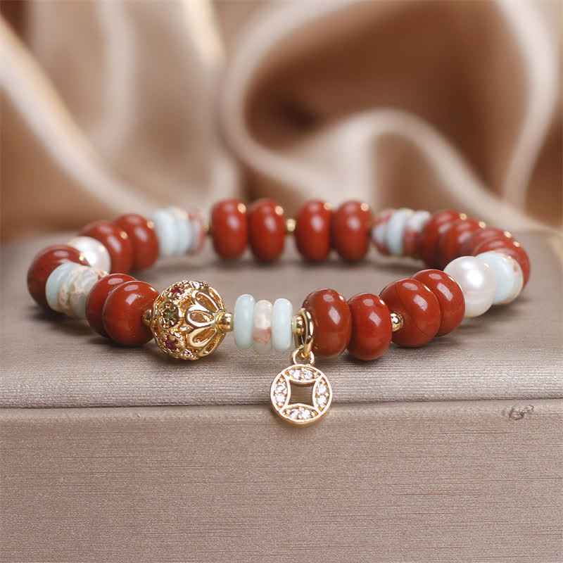 Buddha Stones Bransoletka ochronna z koralików abakusa z czerwonego jaspisu Shoushan z miedzianymi monetami - Czerwony jaspis (obwód nadgarstka: 15-16 cm) - image 0
