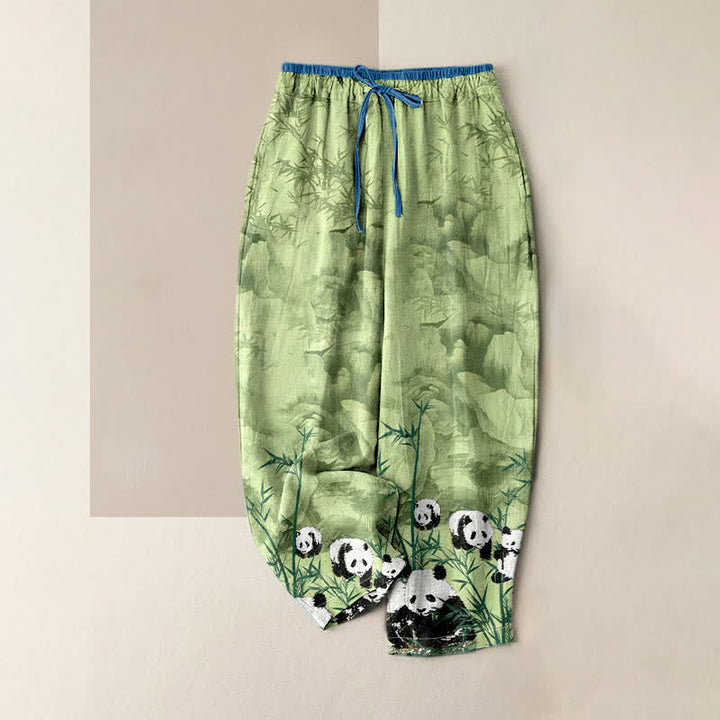 Buddha Stones Spodnie damskie z kieszeniami i elastyczną talią z nadrukiem w pandy z bambusa - PaleGreen - US16, UK/AU20, EU48 (3XL) - image 0