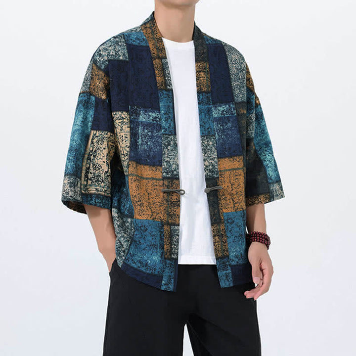 Buddha Stones Męskie kimono z krótkim rękawem z nadrukiem tropikalnych liści i mieszanki lnu - image 8