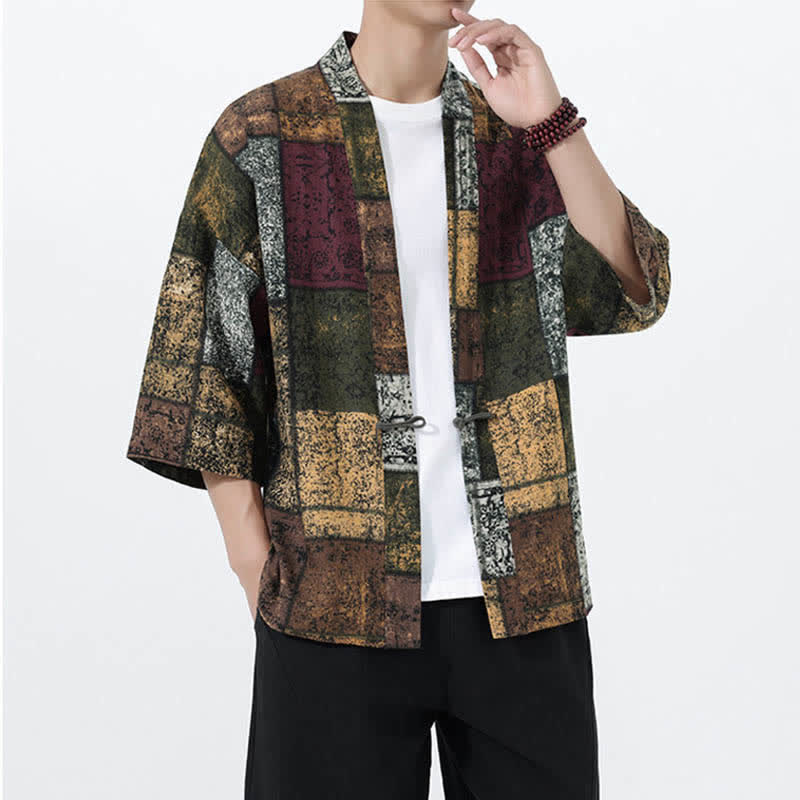 Buddha Stones Męskie kimono z krótkim rękawem z nadrukiem tropikalnych liści i mieszanki lnu - image 19
