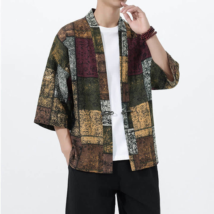 Buddha Stones Męskie kimono z krótkim rękawem z nadrukiem tropikalnych liści i mieszanki lnu - image 19