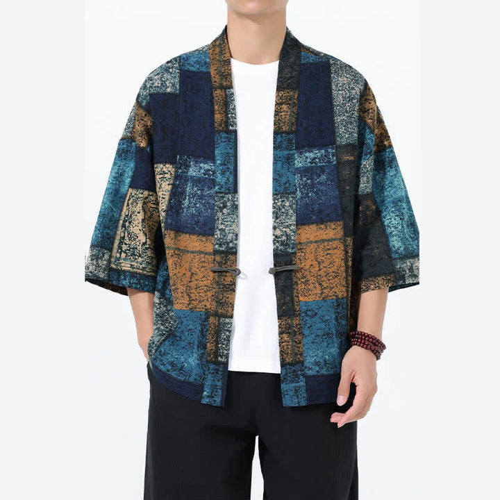 Buddha Stones Męskie kimono z krótkim rękawem z nadrukiem tropikalnych liści i mieszanki lnu - CadetBlue - US/UK/AU46， EU56 (5XL) - image 7