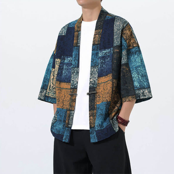 Buddha Stones Męskie kimono z krótkim rękawem z nadrukiem tropikalnych liści i mieszanki lnu - image 9