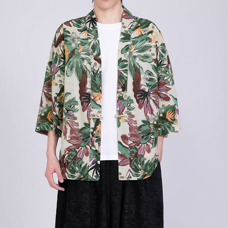 Buddha Stones Męskie kimono z krótkim rękawem z nadrukiem tropikalnych liści i mieszanki lnu - Kość słoniowa - US/UK/AU46， EU56 (5XL) - image 4