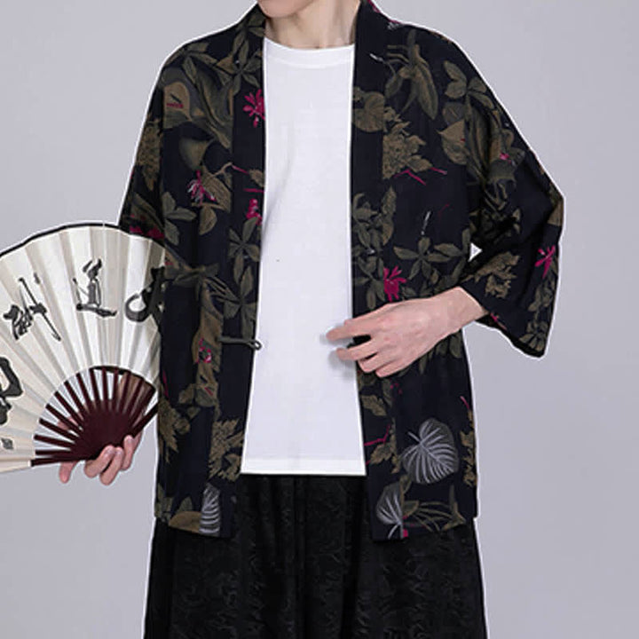 Buddha Stones Męskie kimono z krótkim rękawem z nadrukiem tropikalnych liści i mieszanki lnu - image 12