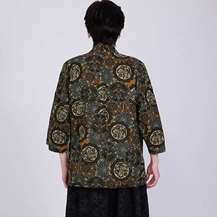Buddha Stones Męskie kimono z krótkim rękawem z nadrukiem tropikalnych liści i mieszanki lnu - image 17