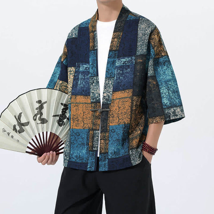 Buddha Stones Męskie kimono z krótkim rękawem z nadrukiem tropikalnych liści i mieszanki lnu - image 10