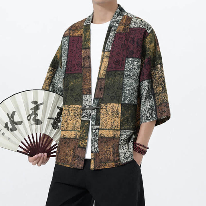 Buddha Stones Męskie kimono z krótkim rękawem z nadrukiem tropikalnych liści i mieszanki lnu - image 21