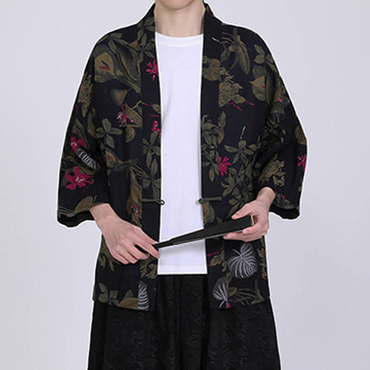 Buddha Stones Męskie kimono z krótkim rękawem z nadrukiem tropikalnych liści i mieszanki lnu - image 13