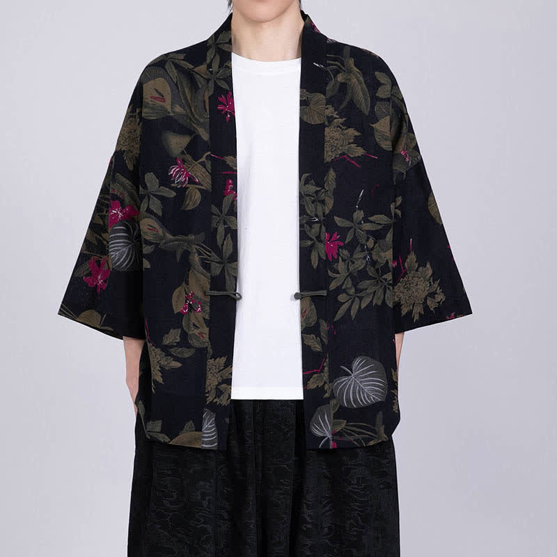 Buddha Stones Męskie kimono z krótkim rękawem z nadrukiem tropikalnych liści i mieszanki lnu - Czarny - US/UK/AU46， EU56 (5XL) - image 11