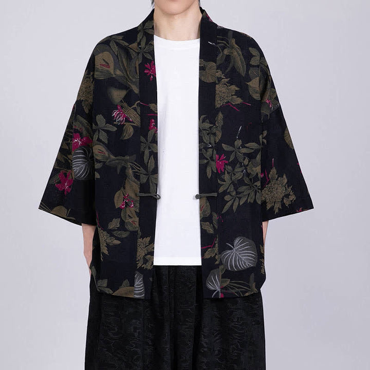 Buddha Stones Męskie kimono z krótkim rękawem z nadrukiem tropikalnych liści i mieszanki lnu - Czarny - US/UK/AU46， EU56 (5XL) - image 11