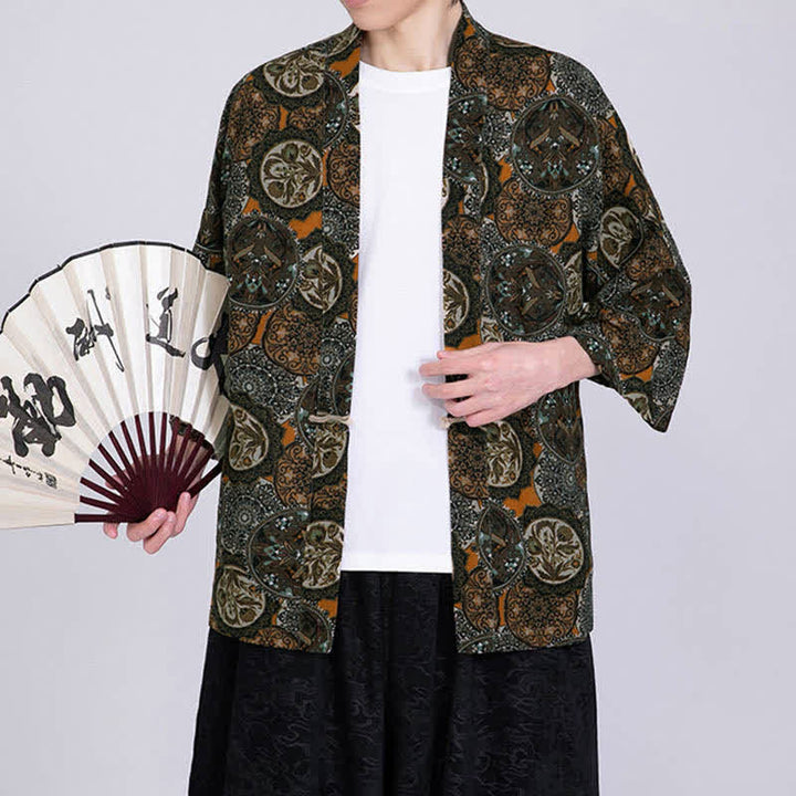 Buddha Stones Męskie kimono z krótkim rękawem z nadrukiem tropikalnych liści i mieszanki lnu - image 14