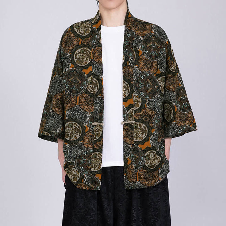 Buddha Stones Męskie kimono z krótkim rękawem z nadrukiem tropikalnych liści i mieszanki lnu - image 16