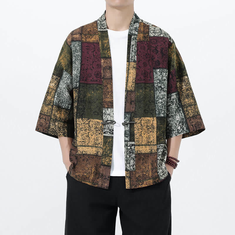 Buddha Stones Męskie kimono z krótkim rękawem z nadrukiem tropikalnych liści i mieszanki lnu - Oliwkowy - US/UK/AU46， EU56 (5XL) - image 18