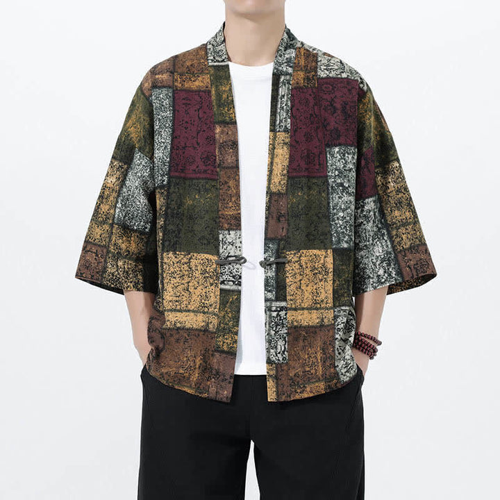 Buddha Stones Męskie kimono z krótkim rękawem z nadrukiem tropikalnych liści i mieszanki lnu - Oliwkowy - US/UK/AU46， EU56 (5XL) - image 18