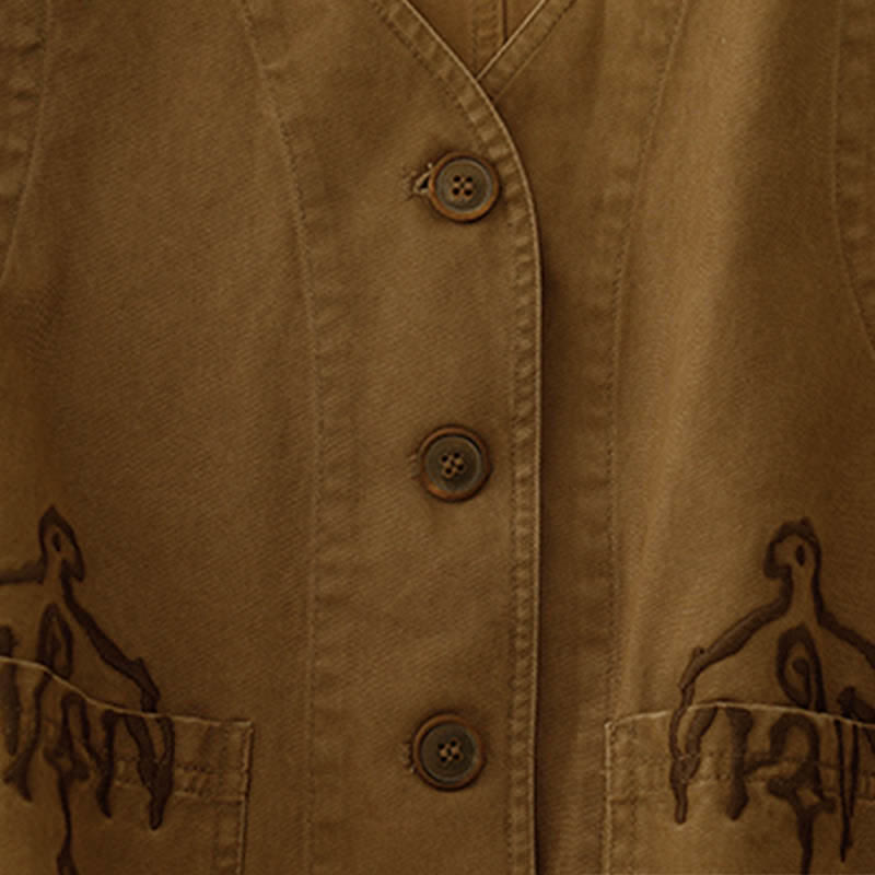 Buddha Stones Wiosenna, bawełniana kamizelka damska z dekoltem w serek, bez rękawów i kieszeniami, z haftem ptaków i twillu w stylu vintage - image 7