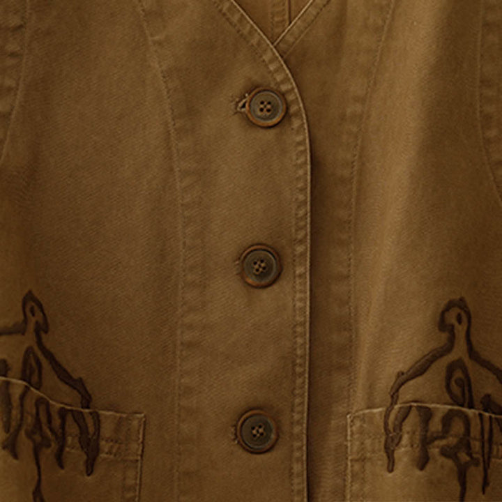 Buddha Stones Wiosenna, bawełniana kamizelka damska z dekoltem w serek, bez rękawów i kieszeniami, z haftem ptaków i twillu w stylu vintage - image 7