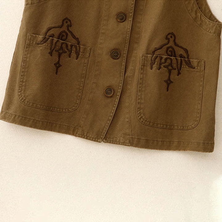 Buddha Stones Wiosenna, bawełniana kamizelka damska z dekoltem w serek, bez rękawów i kieszeniami, z haftem ptaków i twillu w stylu vintage - image 4