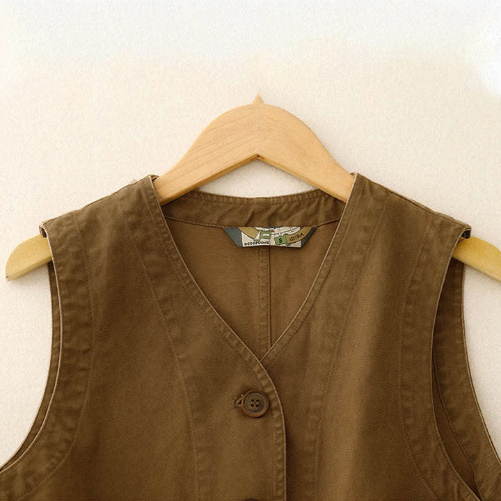 Buddha Stones Wiosenna, bawełniana kamizelka damska z dekoltem w serek, bez rękawów i kieszeniami, z haftem ptaków i twillu w stylu vintage - image 2