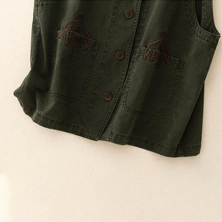 Buddha Stones Wiosenna, bawełniana kamizelka damska z dekoltem w serek, bez rękawów i kieszeniami, z haftem ptaków i twillu w stylu vintage - image 18