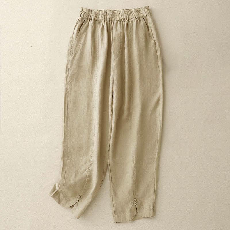 Buddha Stones Letnie lniane spodnie damskie zwężane z kieszeniami - Pszenica - US8-10，UK/AU12-14，EU40-42 (2XL) - image 5