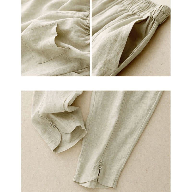 Buddha Stones Letnie lniane spodnie damskie zwężane z kieszeniami - image 10