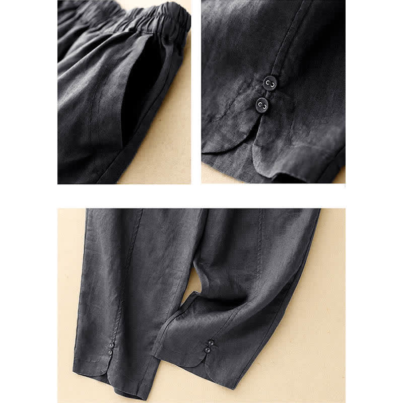 Buddha Stones Letnie lniane spodnie damskie zwężane z kieszeniami - image 21