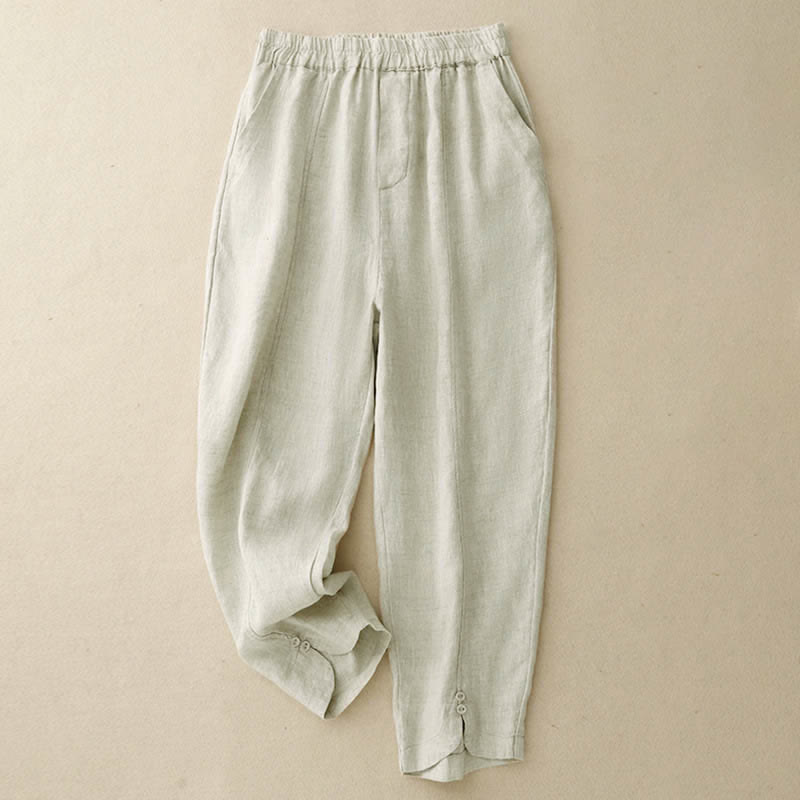 Buddha Stones Letnie lniane spodnie damskie zwężane z kieszeniami - Beżowy - US8-10，UK/AU12-14，EU40-42 (2XL) - image 8