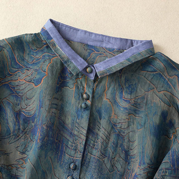 Buddha Stones Koszula damska z szyfonu z nadrukiem kwiatowym, zapinana na guziki, z kołnierzykiem typu stójka i rękawami do łokcia - image 2