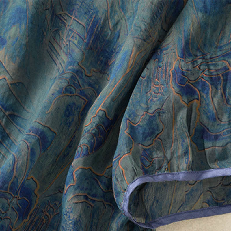 Buddha Stones Koszula damska z szyfonu z nadrukiem kwiatowym, zapinana na guziki, z kołnierzykiem typu stójka i rękawami do łokcia - image 5