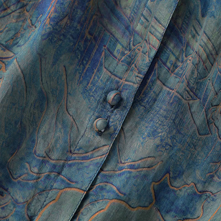 Buddha Stones Koszula damska z szyfonu z nadrukiem kwiatowym, zapinana na guziki, z kołnierzykiem typu stójka i rękawami do łokcia - image 7