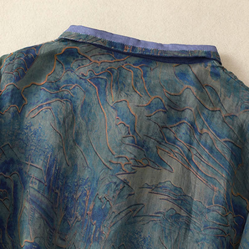 Buddha Stones Koszula damska z szyfonu z nadrukiem kwiatowym, zapinana na guziki, z kołnierzykiem typu stójka i rękawami do łokcia - image 3