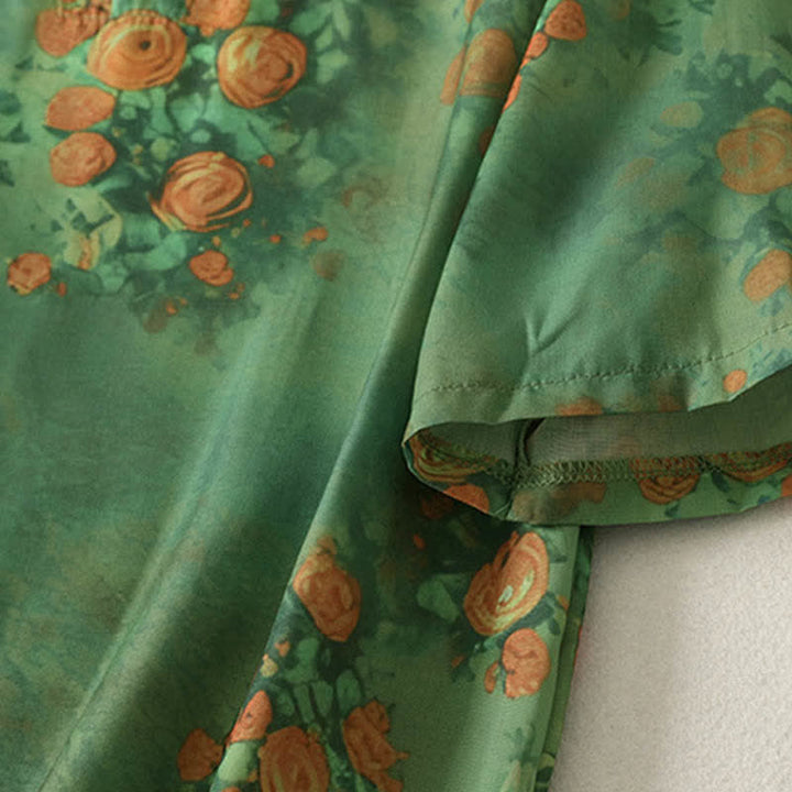 Buddha Stones Letnia sukienka mini damska z krótkim rękawem i kwiatowym nadrukiem, stójką i guzikami w kształcie żaby - image 4