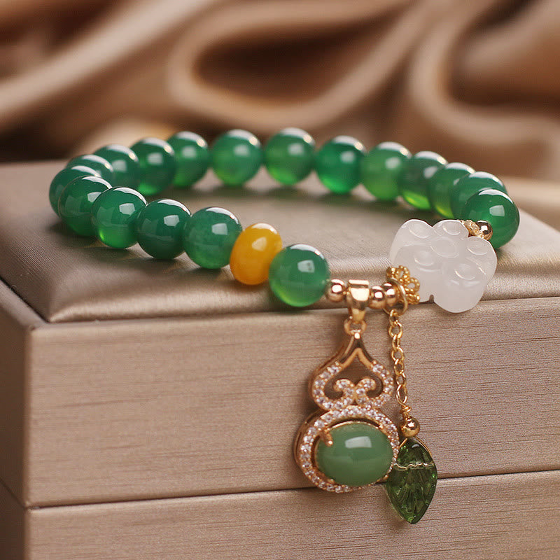 Buddha Stones Bransoletka z zawieszką w kształcie liścia tykwy z zielonego agatu i białego jadeitu - image 3
