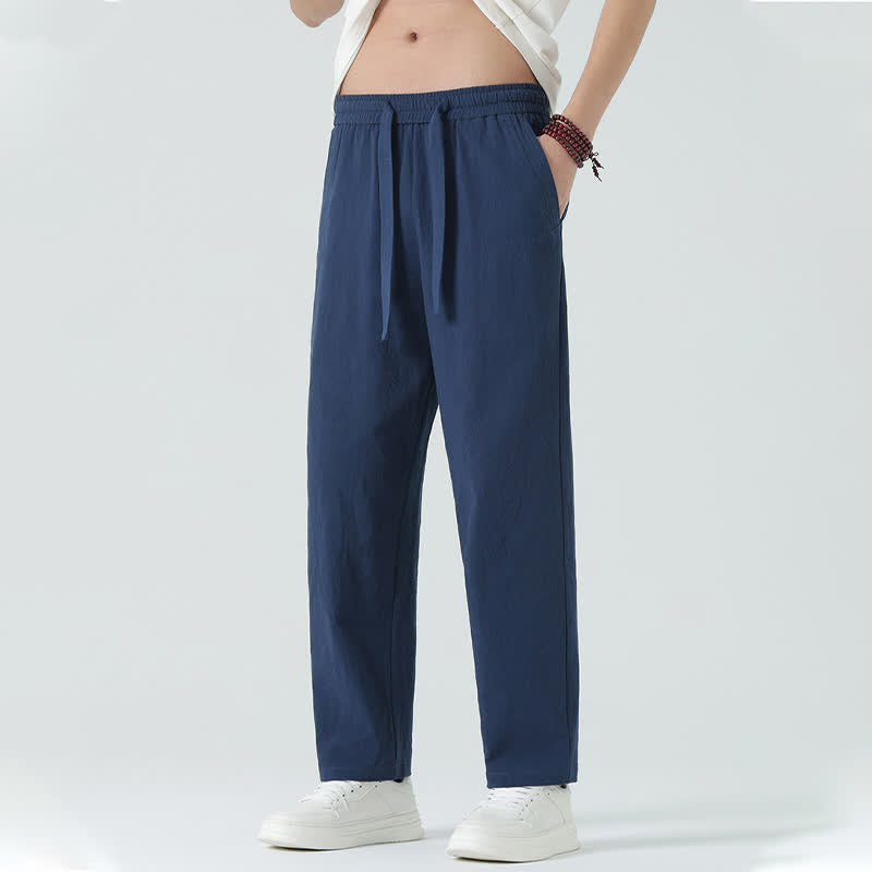Buddha Stones Letnie bawełniane, minimalistyczne spodnie męskie z prostymi nogawkami i kieszeniami, z elastyczną talią - MidnightBlue - US/UK/AU46， EU56 (5XL) - image 0