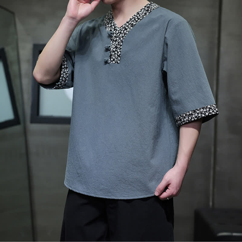 Buddha Stones Letnia, swobodna męska koszula z krótkim rękawem z kołnierzykiem stójkowym i guzikami typu żaba - CadetBlue - US/UK/AU46， EU56 (5XL) - image 11
